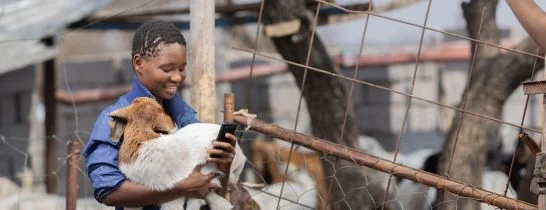 child using phone while holding goat