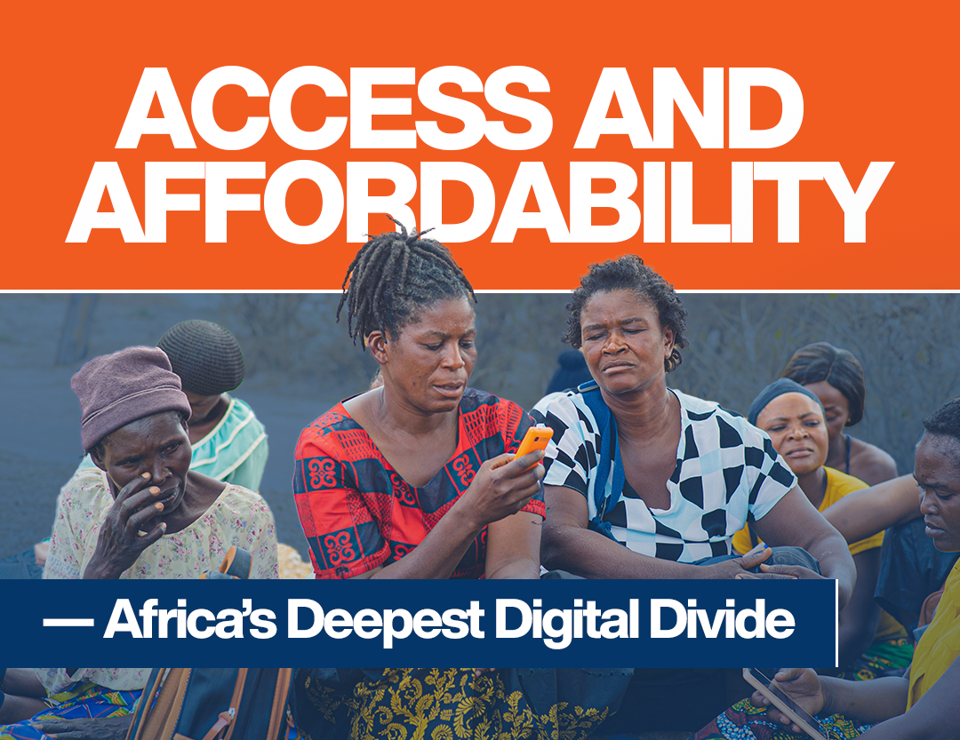 A group of African women, seated outdoors, attentively use mobile phones, highlighting the challenges and efforts around digital access and affordability in underserved communities.
