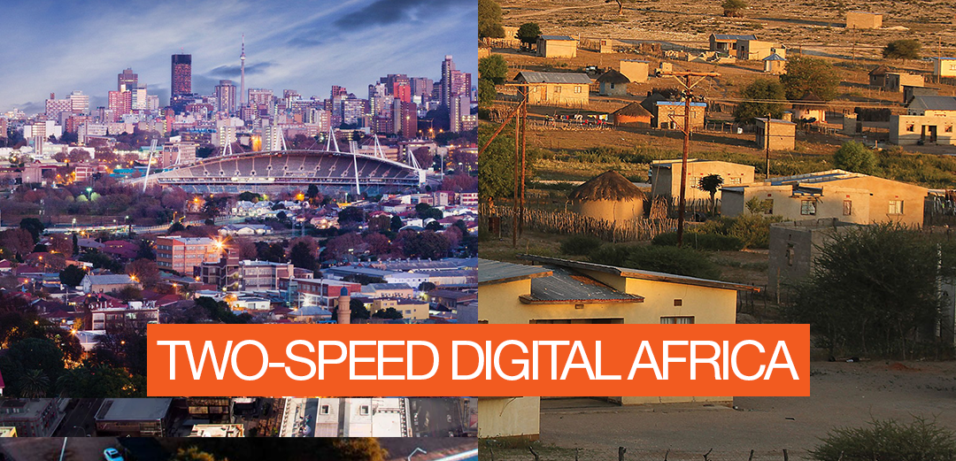 A split-screen image contrasting a modern urban cityscape with a rural African village, visually representing the digital divide between connected and unconnected communities.