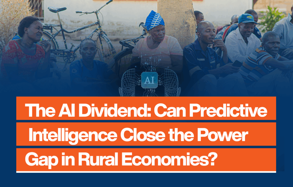A group of men and women sit under the shade of a tree in a rural setting, with bicycles leaning against a nearby wall and a house with yellow-trimmed windows in the background. The image is overlaid with a blue and orange graphic featuring a small AI icon in the center and the text: “The AI Dividend: Can Predictive Intelligence Close the Power Gap in Rural Economies?”
