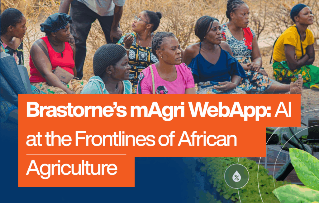 A group of African women farmers sitting outdoors in discussion, representing community engagement and agricultural collaboration. Overlaid text reads “Brastorne’s mAgri WebApp: AI at the Frontlines of African Agriculture,” highlighting Brastorne’s initiative to integrate artificial intelligence into African agriculture to empower smallholder farmers.