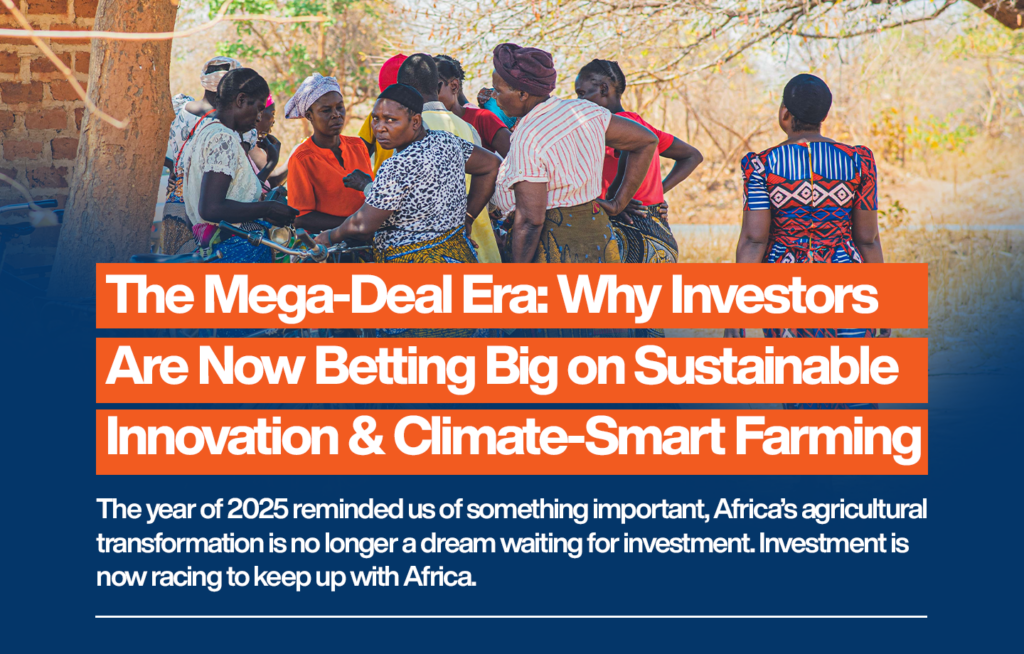 Group of African women farmers gathered outdoors in a rural setting, wearing colorful patterned clothing, with an overlay headline reading “The Mega-Deal Era: Why Investors Are Now Betting Big on Sustainable Innovation & Climate-Smart Farming,” highlighting Africa’s agricultural transformation and growing investment momentum.
